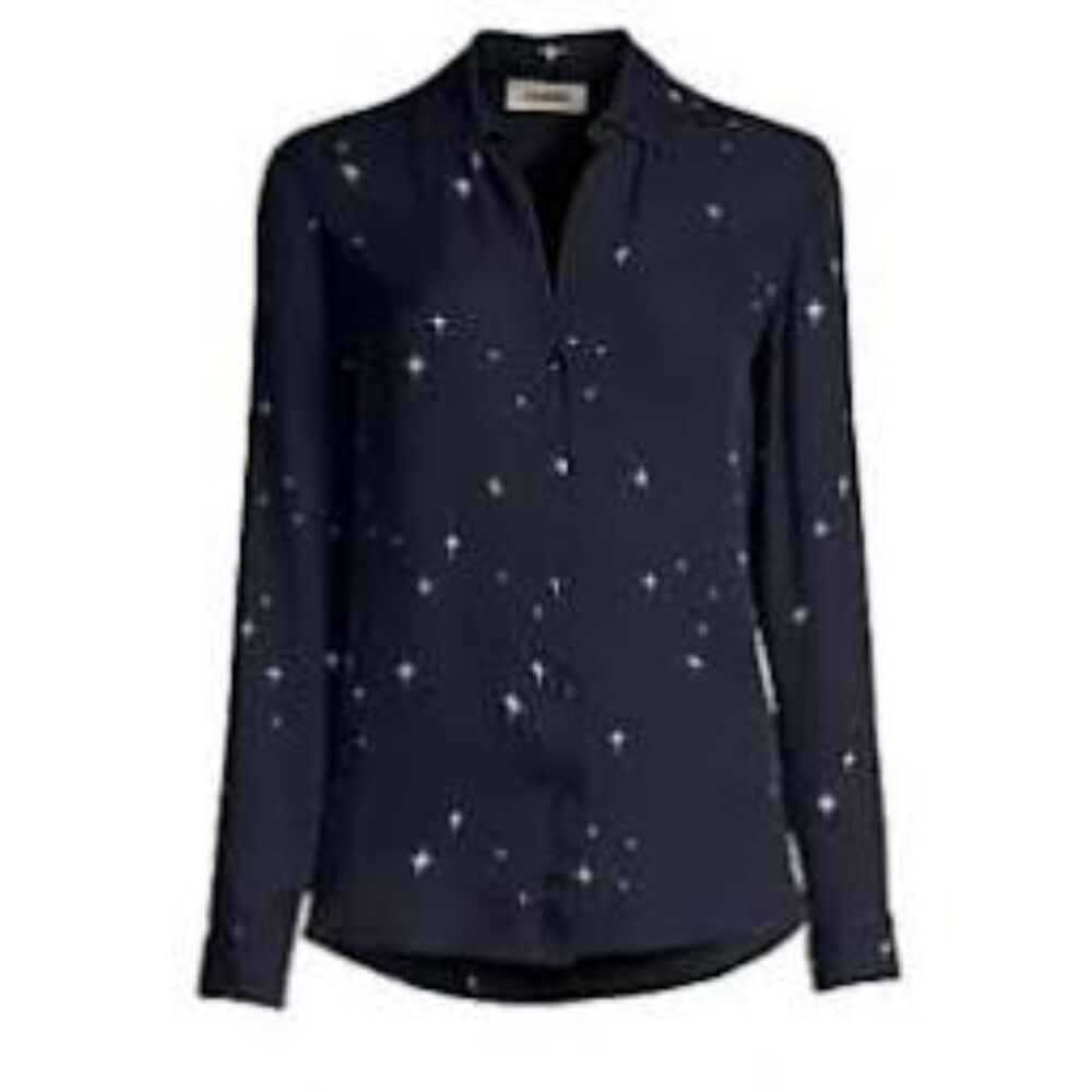 L’Agence Star Print Silk Blouse XS Black White Button Front Long Sleeve Designer